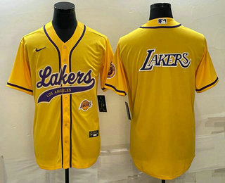 Mens Los Angeles Lakers Yellow Big Logo With Patch Cool Base Stitched Baseball Jersey->los angeles lakers->NBA Jersey